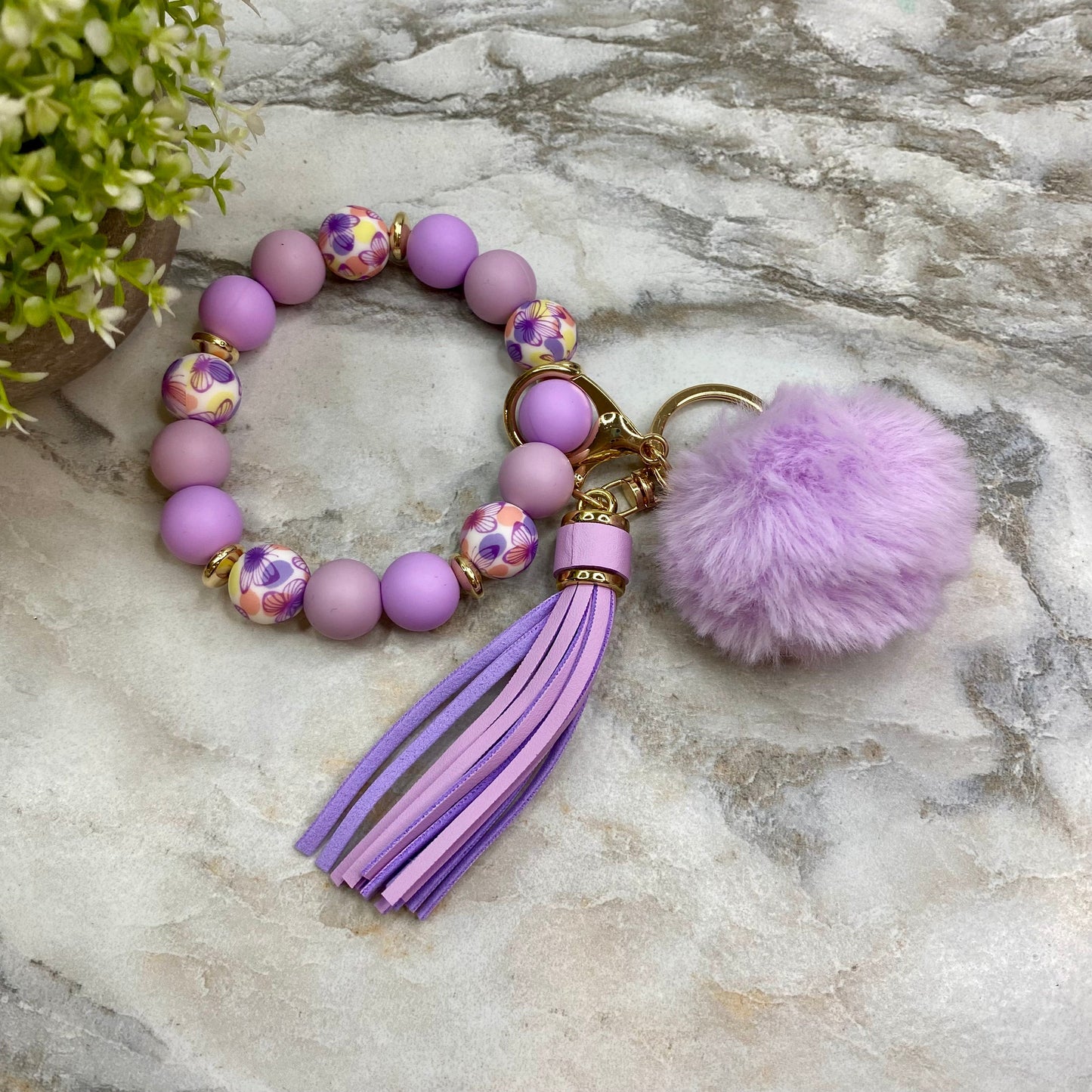 Silicone Bracelet Keychain - Tassel & Pom Pom- Purple & Floral