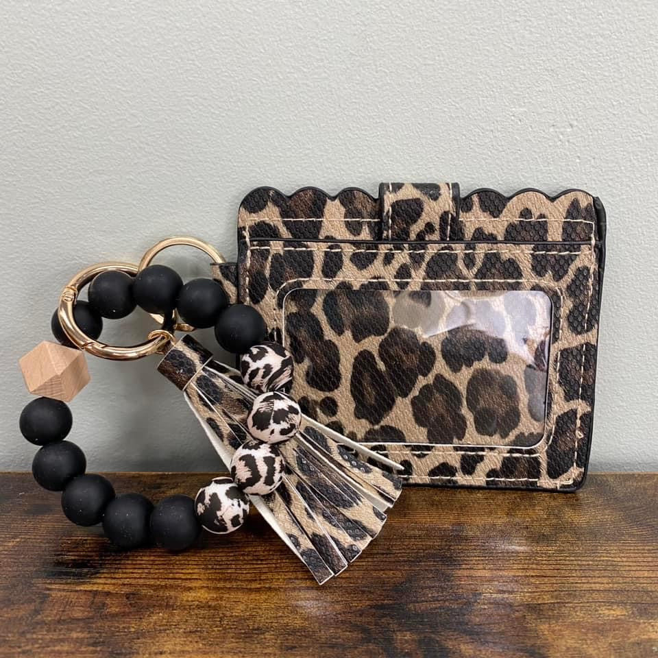 Silicone Bracelet Keychain with Scalloped Card Holder - Canvas Animal Print